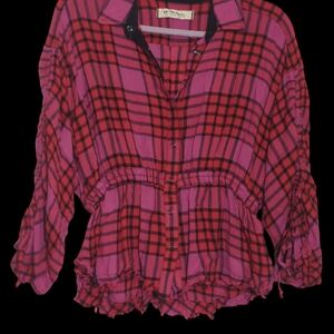 Free People Red/Pink Plaid Distressed Boho Western Coastal Cowgirl Button Up Top